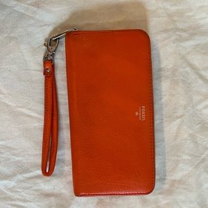 Fossil Orange Leather Zip Wristlet Wallet